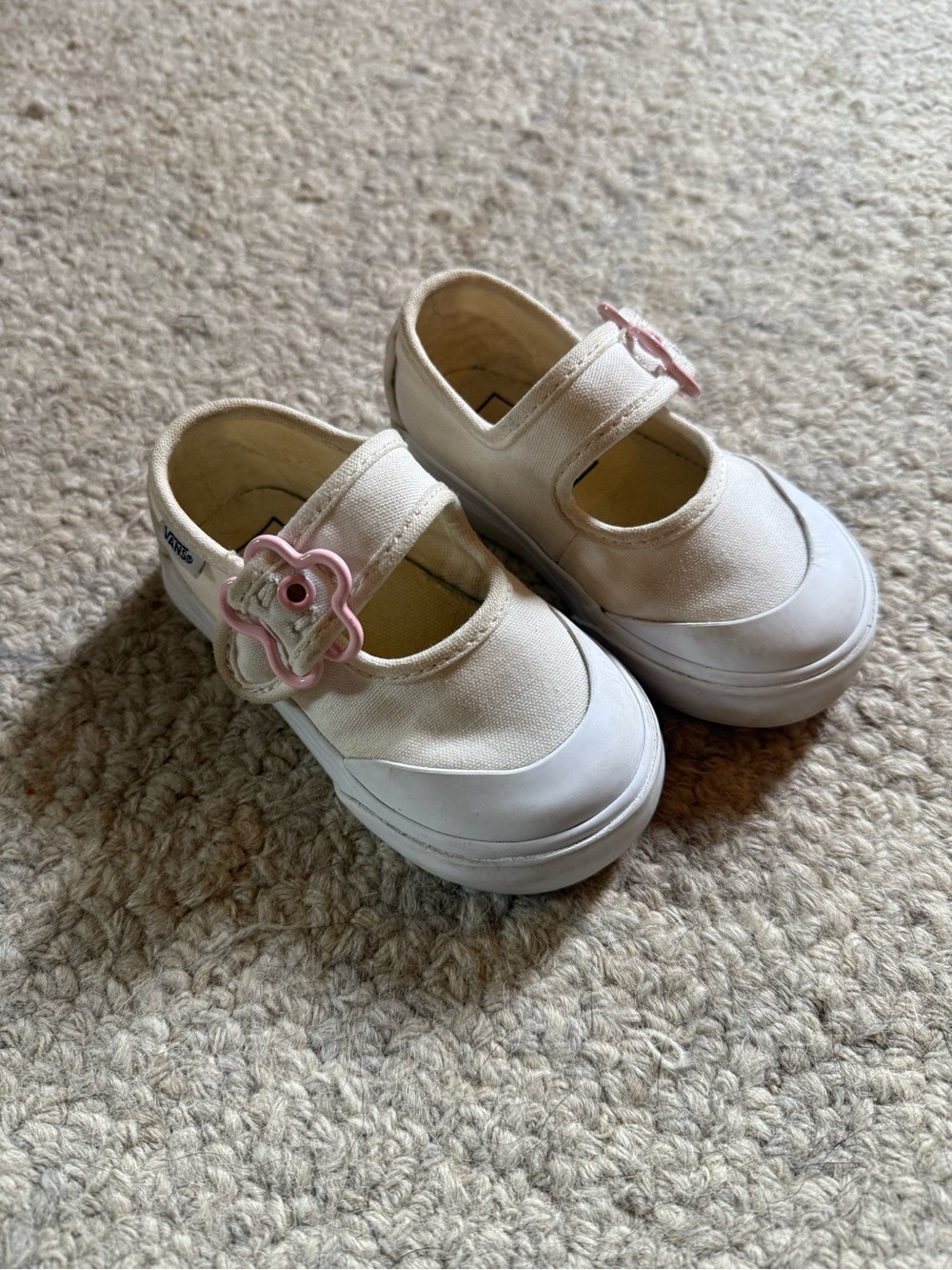 Kids Ivory Vans Canvas Mary Jane Shoes with Pink Flower Accent